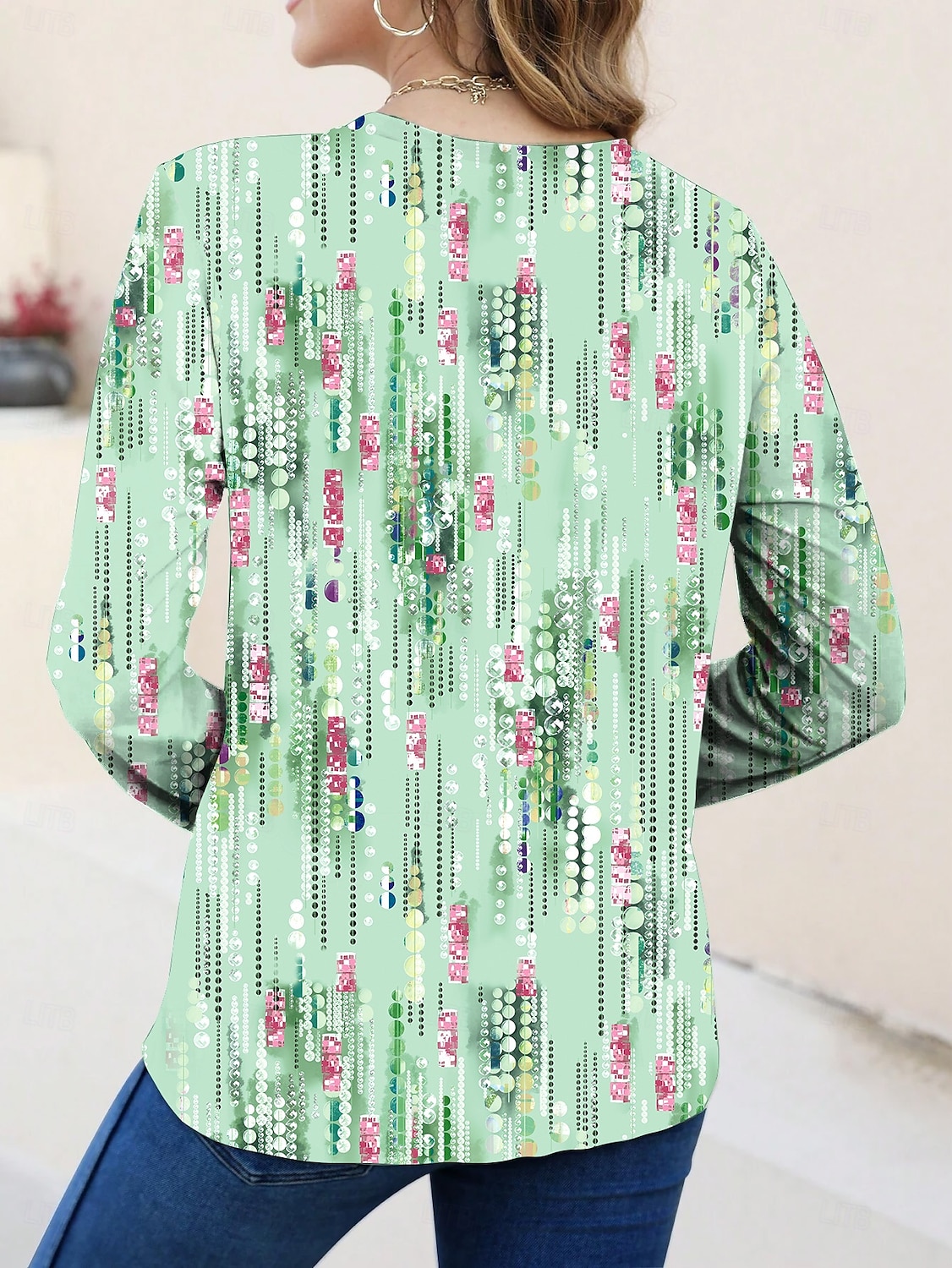 Per donna Maglietta Grafico Geometrico Astratto Elegante Vintage Classico Manica Lunga Girocollo Top Regolari Quotidiano Stampato Rosa Blu Viola Verde Estate Primavera del 2025 a $23.99 –P2