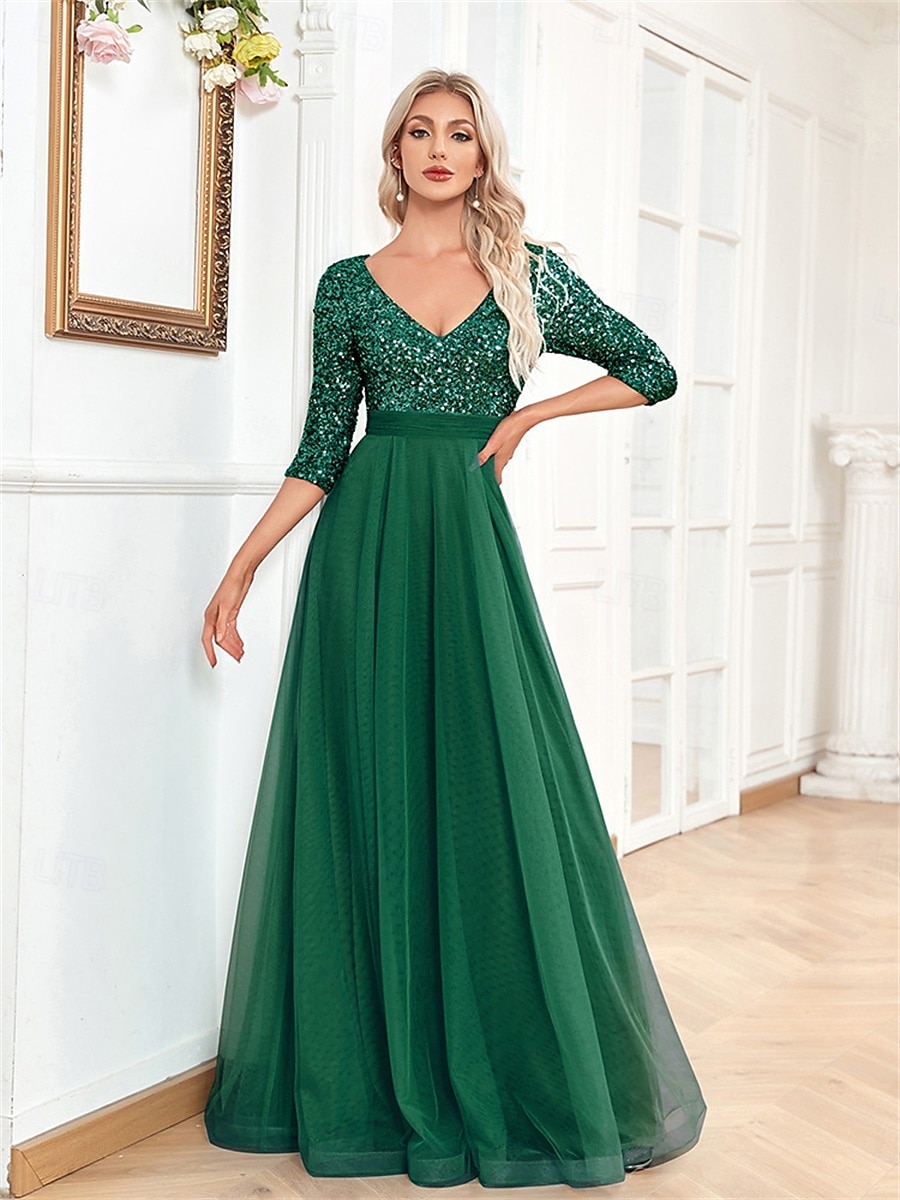 A-linjainen Quinceanera-Mekot Elegantti Mekko Virallinen Häät Lattiapituus Puolihihainen V-kaula-aukko Tylli Strassilla 2025 - $99.99 –P26