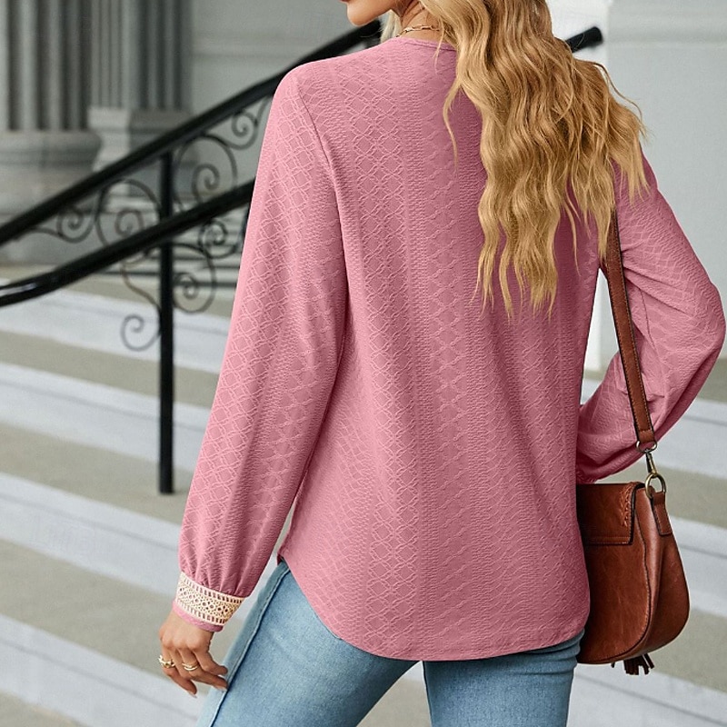 Damen Bluse Farbblock Modern Lässig Langarm V Ausschnitt Normale Oberteile Täglich Ferien Patchwork Gras-Grün Erröten Sie Rosa Schwarz Rosa Wein Sommer 2025 - $21.99 –P7
