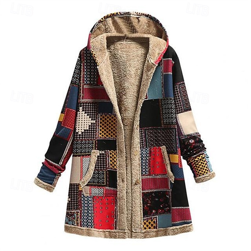 Women's Fleece Jacket Coat Hoodie Jacket Warm Comfortable Zipper Pocket Fashion Modern Casual Geometric Going out Weekend Zipper Regular Hooded Regular Fit Long Sleeve Outerwear Black Red Winter 2025 - $32.99 –P2