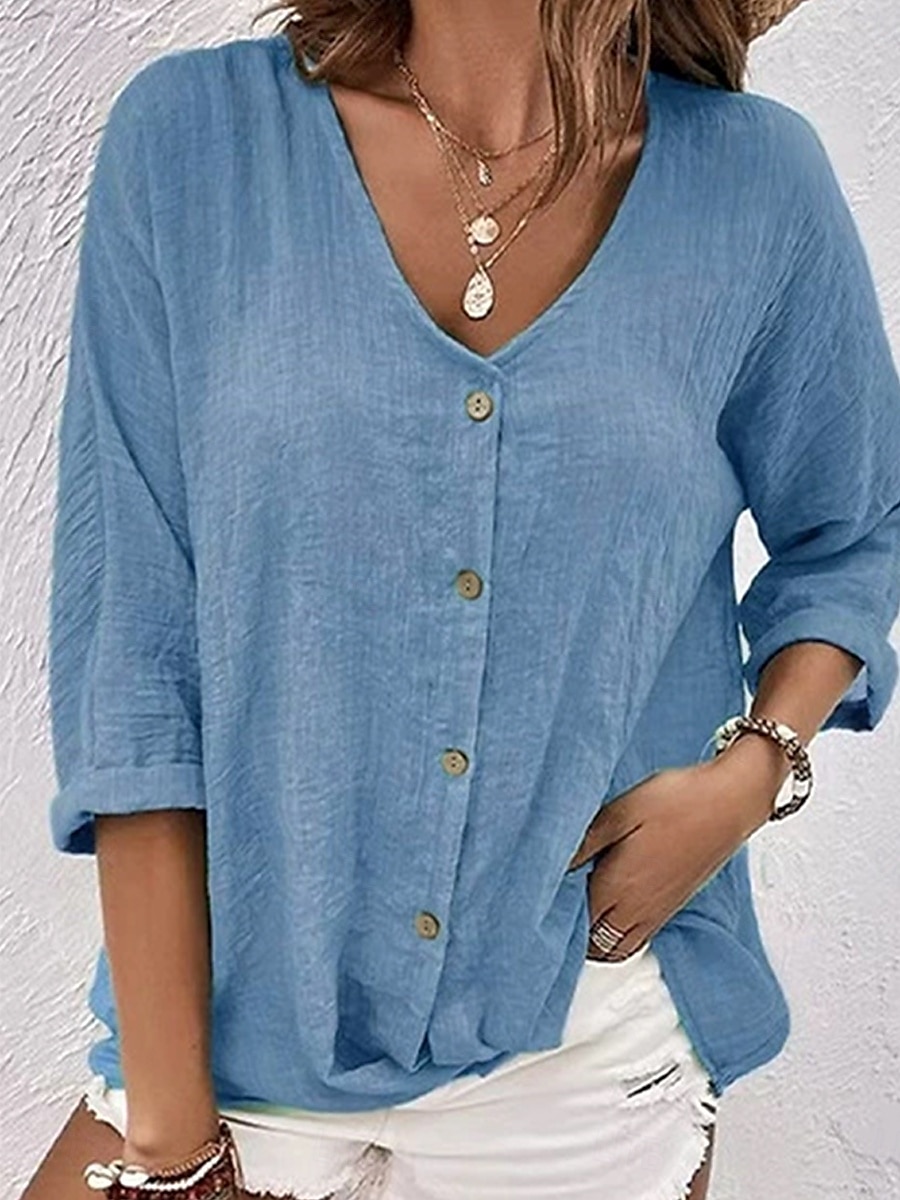 Women's Shirt Blouse Solid Color Plain Bohemia Daily Stylish 3/4 Length Sleeve V Neck Regular Tops Daily Holiday Going out Buttons Sage Green Blue Khaki Rose Pink Summer Spring Fall 2025 - $19.99 –P2