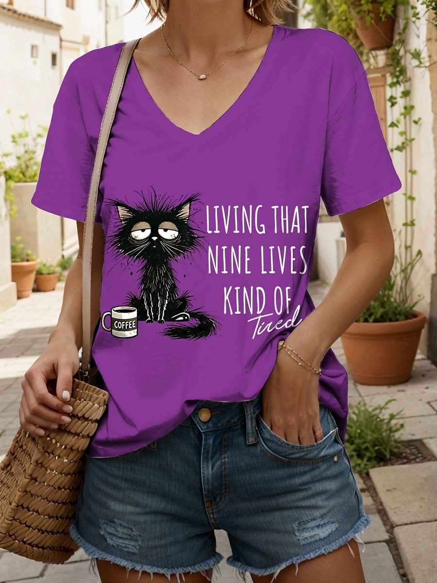 Per donna Maglietta Grafico Animale Gatto Vintage Elegante Classico Manica Corta Scollo a V Top Regolari Quotidiano Stampato Nero Bianco Rosa Rosso Blu Estate Primavera del 2025 a $19.99 –P9