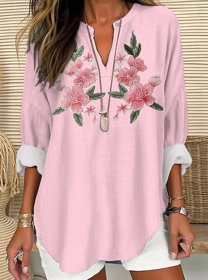 Femmes Hauts d'été Fleuri Graphique ancien Tropical Hawaïen manche longue Col en V Hauts Réguliers Quotidien Fête Tenue de plage Imprimé Blanche Rose Claire Violet Fuchsia Gris Été Printemps de 2025 ? $24.99 –P5