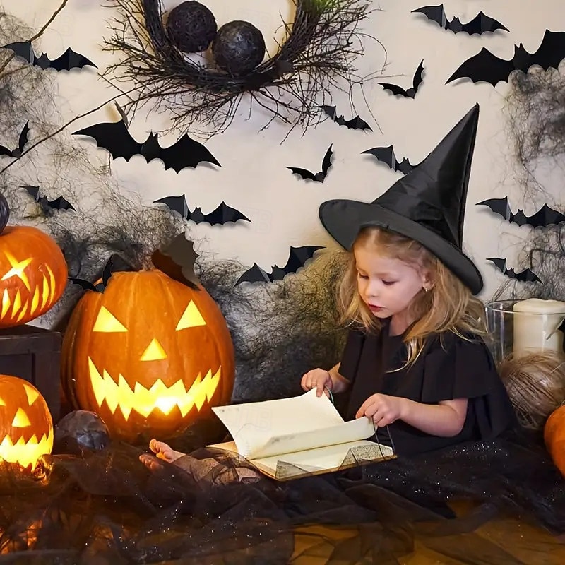 Cappello da strega nero di Halloween con decorazione da parete a forma di pipistrello 3D, costumi di Halloween, accessori da strega, cappelli, decorazioni per feste di Halloween fantasy del 2025 a $26.99 –P5