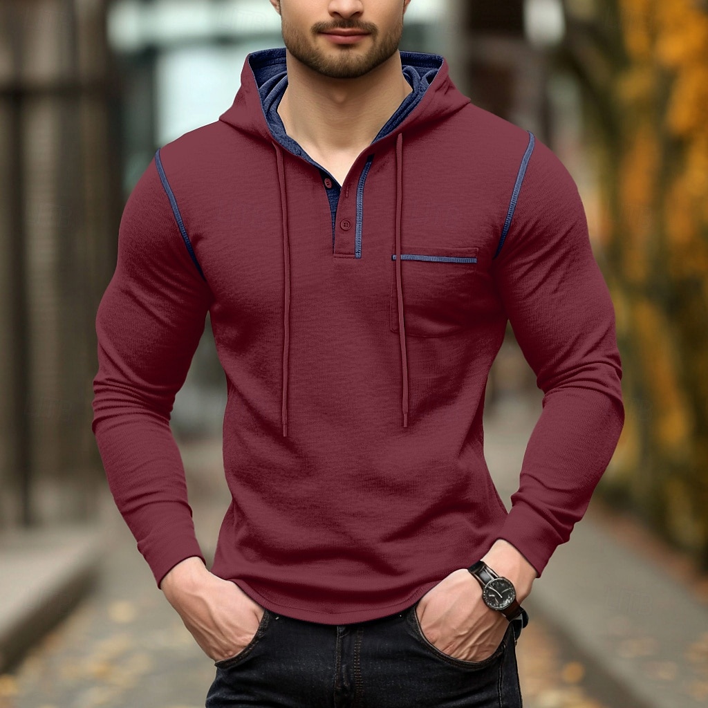 Per uomo Maglietta Felpa con cappuccio Henley Manica Lunga Con Cappuccio Henley Primavera & Autunno Tinta unica Maglieria Quotidiano All'aperto Tasca All'aperto Casual Casuale Grigio scuro blu navy del 2025 a $22.99 –P8