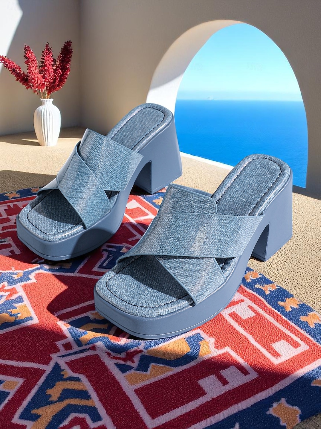 női piros keresztpántos platformos szandál – vastag sarkú nyári cipő csillogó bevonattal strandra, nyaralásra és hétköznapi viseletre 2025 - $29.99 –P5
