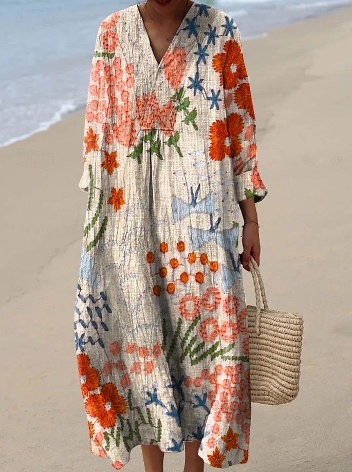 Damskie Sukienka maxi Sukienka letnia Sukienka A line Urlop Codzienny Boho Impreza Wyjściowe Plaża Kwiaty Graficzny Długi rękaw W serek Szarozielony Rumiany róż Fioletowy Ecru Lato Wiosna 2025 - $35.99 –P2