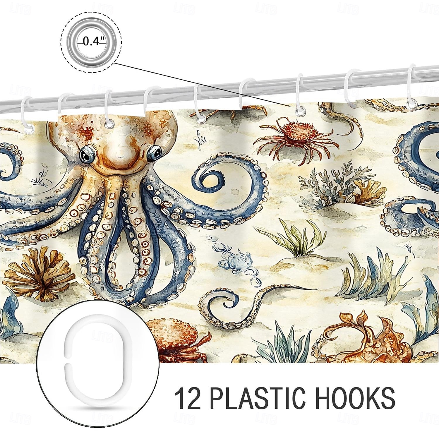 Cortina de ducha con diseño de tortuga marina y ganchos para baño, juego de decoración de baño de poliéster impermeable, paquete de 12 ganchos de plástico 2026 - $21.99 –P8