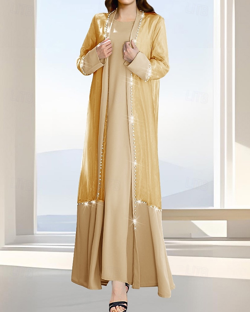 Zweiteilig A-Linie Brautmutterkleid Formell Elegant Einfach luxuriös U-Boot-Ausschnitt Bodenlang Satin Organza Langarm mit Kristalle 2025 2025 - $139.99 –P5