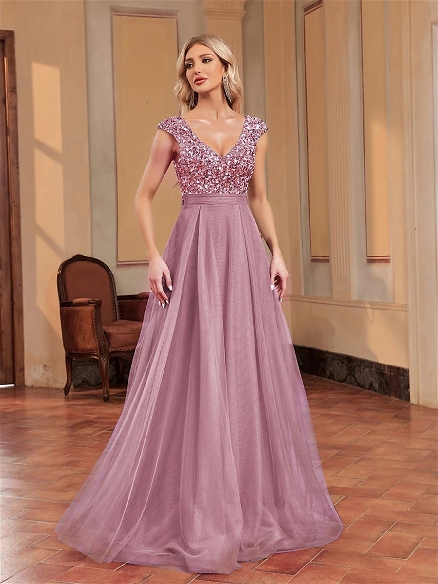 Abiti per Quinceanera A-Line elegante abito formale per matrimonio lunghezza del pavimento senza maniche scollo a V tulle con schiena a V e paillettes del 2025 a $99.99 –P9