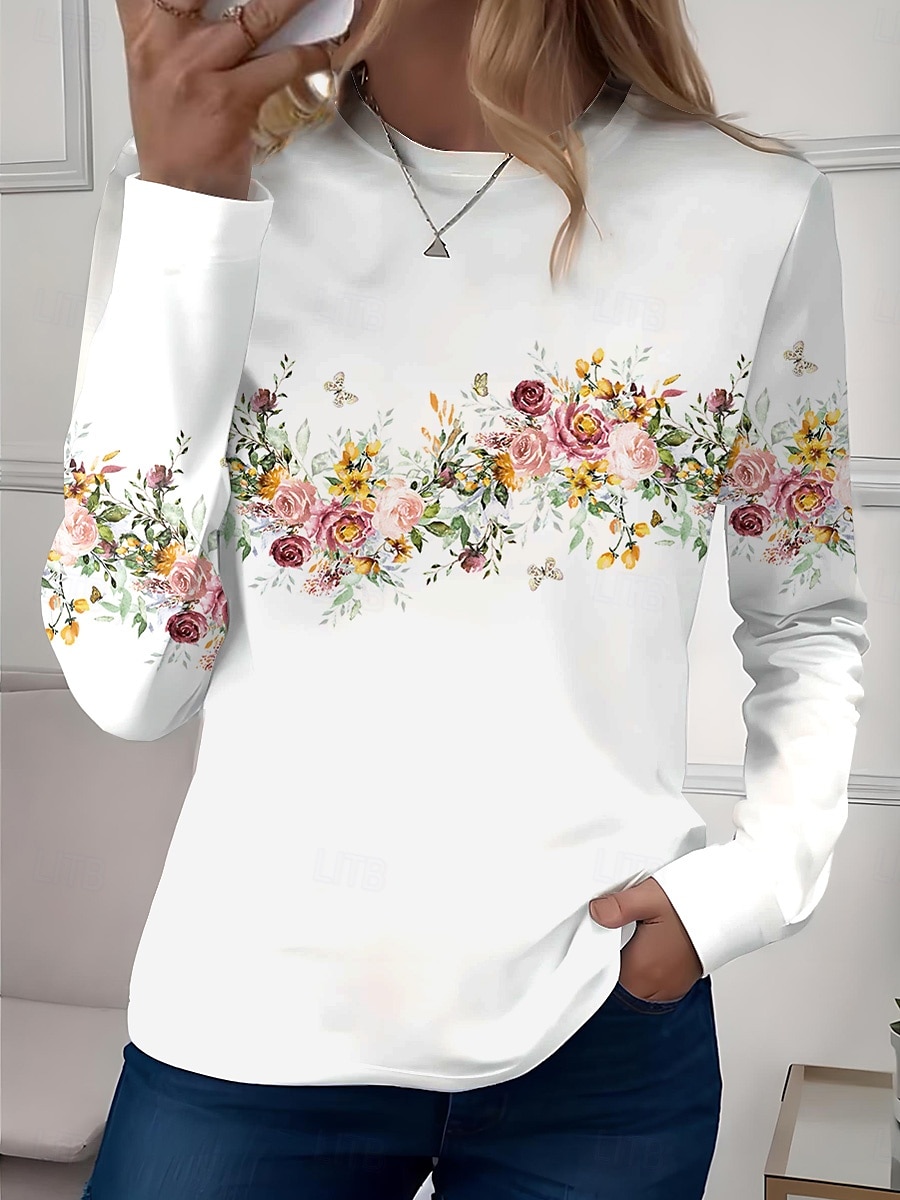 Dame T skjorte Blomstret Grafisk Elegant Årgang Mote Langermet Crew-hals Vanlige topper Daglig Helg Trykt mønster Perle Rosa Blå Brun Sommer 2025 - $22.99 –P3