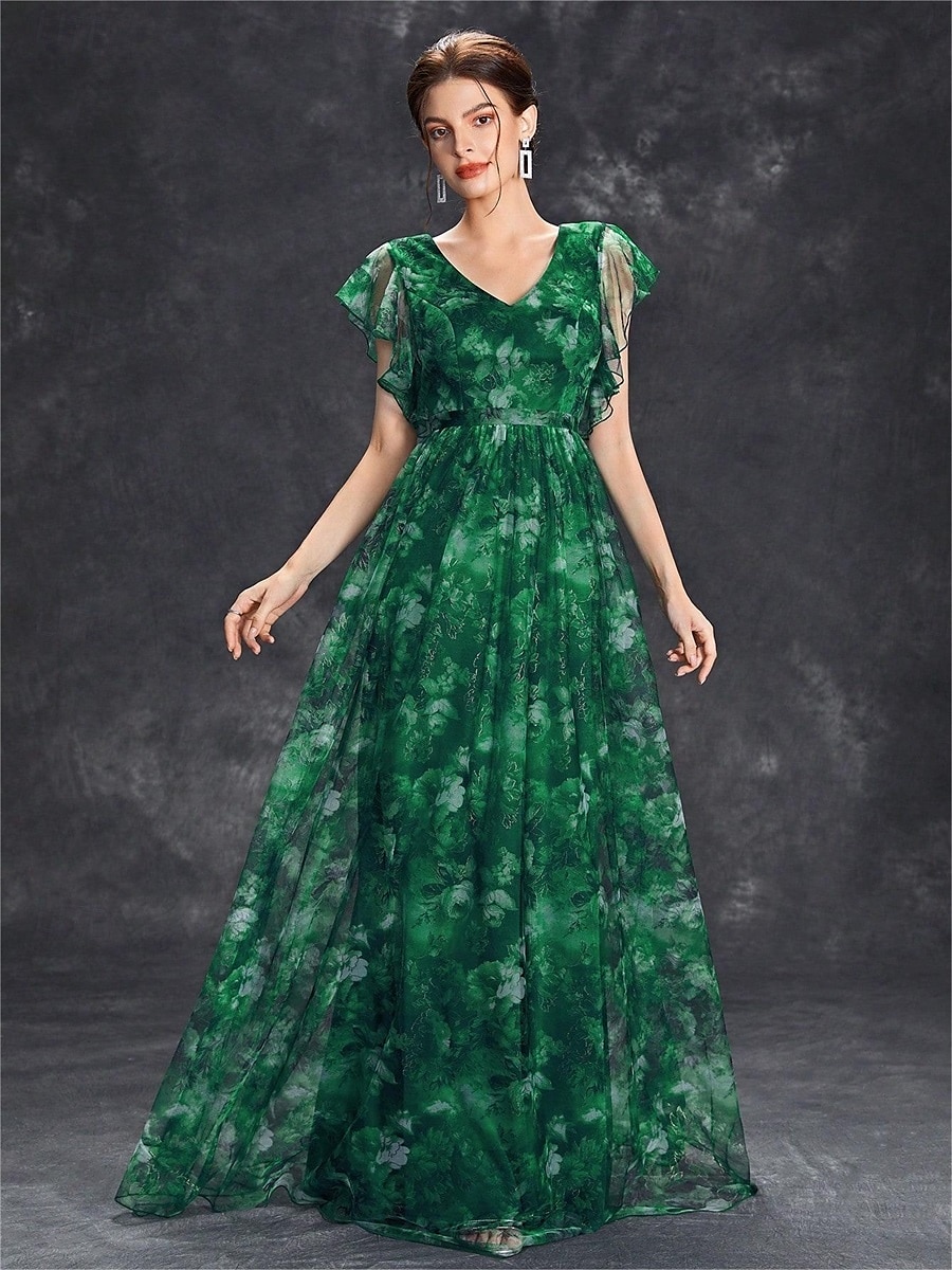 Abiti Quinceanera A-Line abito elegante formale lungo senza maniche scollatura a V in chiffon con stampa floreale del 2025 a $79.99 –P13