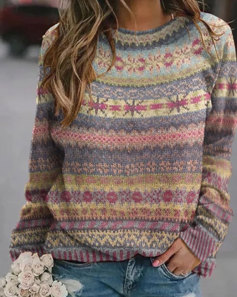 Per donna Felpa Maglione Casual Morbido Floreale A Coste Girocollo Lavorato a maglia Stampato Manica Lunga Top Regolari Maglia All'aperto Quotidiano Ferie Rosso Blu Autunno Inverno del 2025 a $19.99 –P2