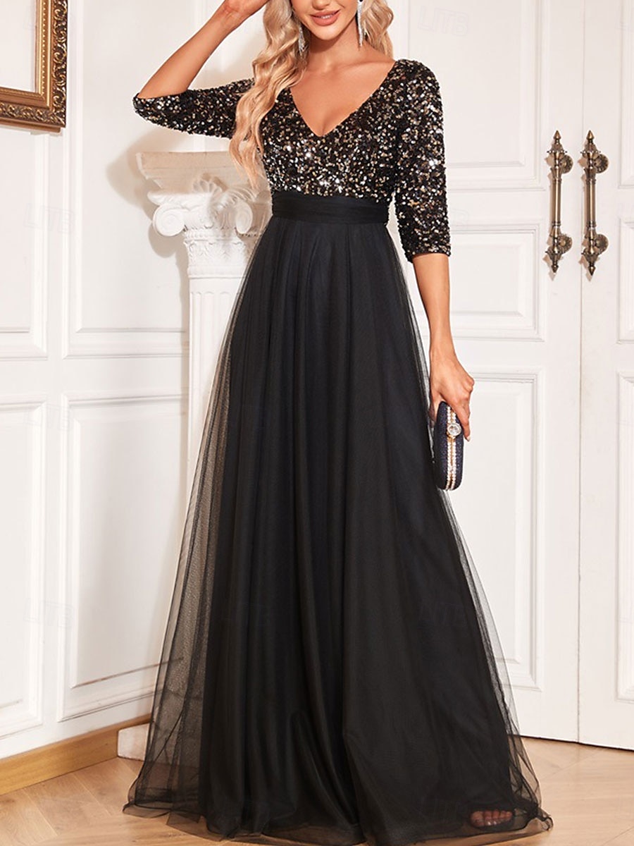 Vestido de Gala em A Vestido Elegante Formal Casamento Comprimento do Chão Manga 3/4 Decote em V Com Lantejoulas com Lantejoulas de 2025 por $119.99 –P9