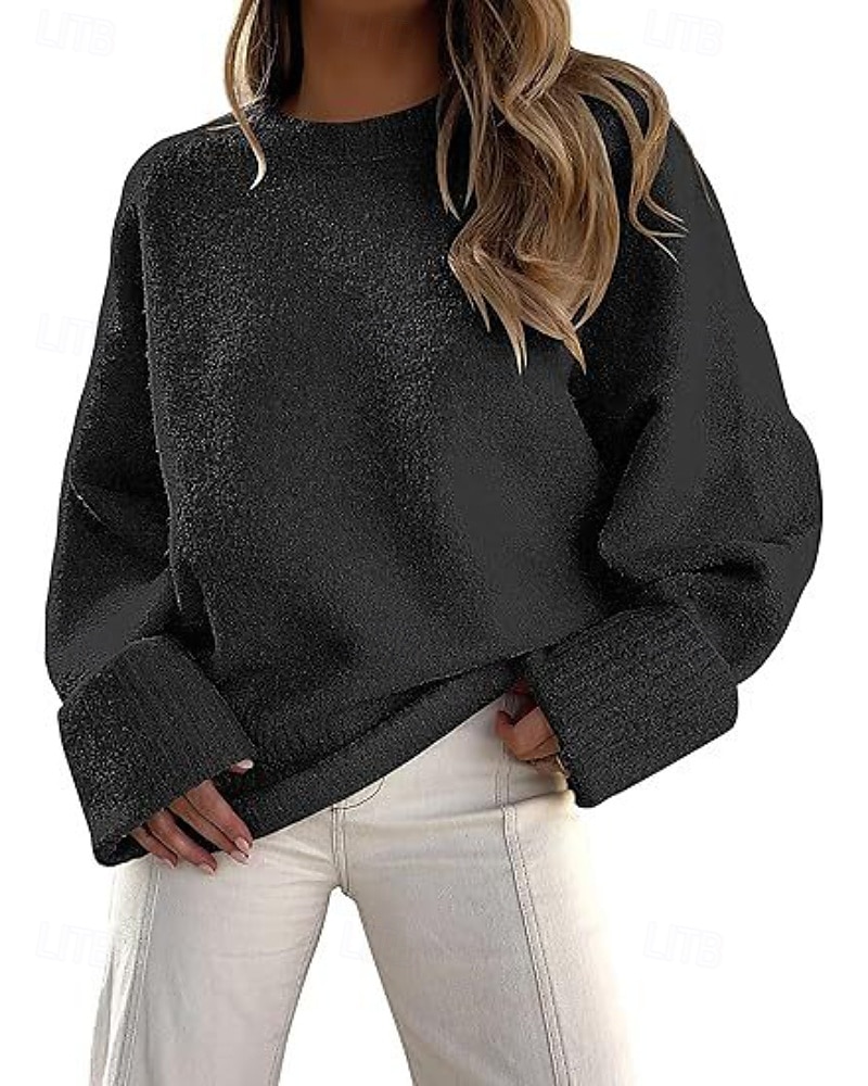 Women's Sweater Pullover Fashion Solid Color Ribbed Crew Neck Knitted Long Sleeve Regular Tops Knit Outdoor Holiday Going out Black White Fall 2025 - $28.99 –P12