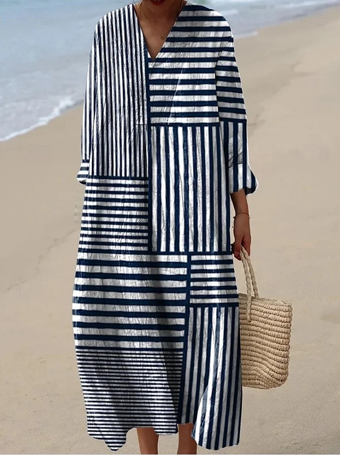 Dame Midikjole Solkjole Kjole med A-linje Ferie Fritid Bohem Ut på byen Strand Løstsittende Grafisk Geometrisk Stripe Langermet V-hals Aske Svart Gul Blå Sommer Vår 2025 - $35.99 –P1