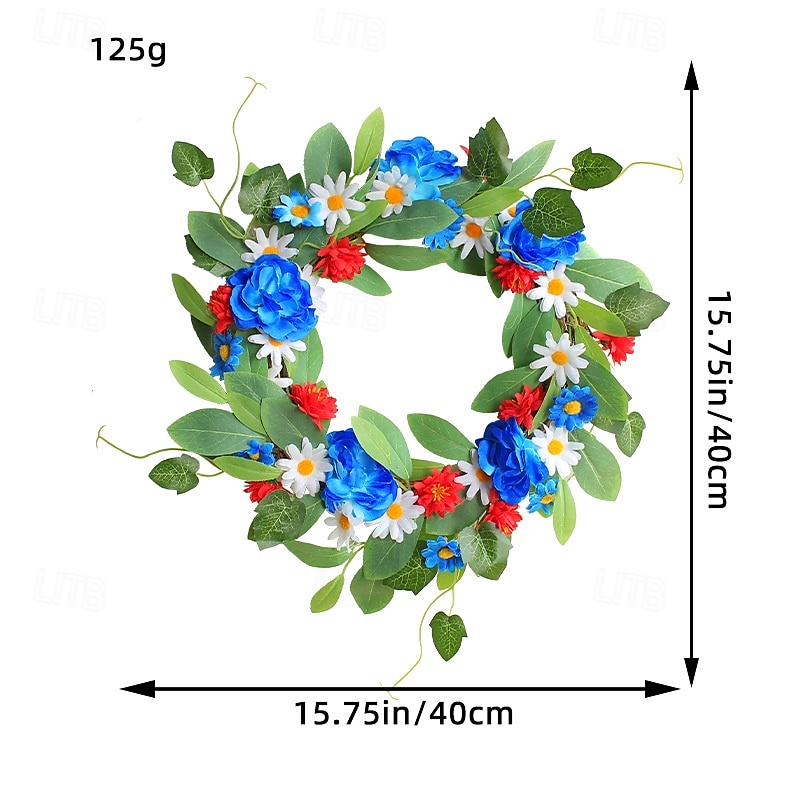 Couronne de marguerites patriotique pour le 4 juillet, guirlande de fleurs artificielles rouges, blanches et bleues, décoration murale de porte pour le jour de l'indépendance de 2025 ? $21.99 –P2
