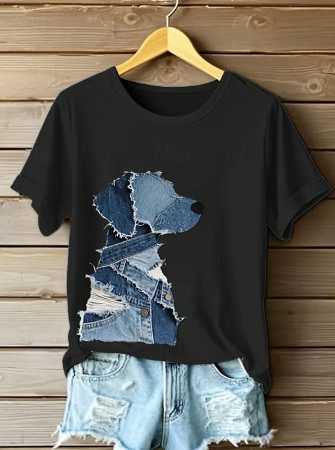Dame T skjorte Grafisk Dyr Hund Årgang Stilfull Klassisk Kortermet Crew-hals Vanlige topper Daglig Helg Trykt mønster Svart Hvit Rosa Blå Grønn Sommer Vår 2025 - $19.99 –P3