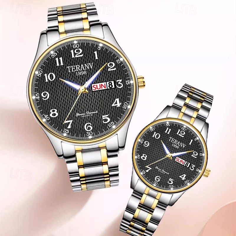 il s'agit d'une montre de couple élégante avec deux cadrans numériques ronds et des bracelets en acier inoxydable dotés d'un affichage de date lumineux étanche IPX7 du lundi au dimanche. c'est un de 2025 ? $28.99 –P3