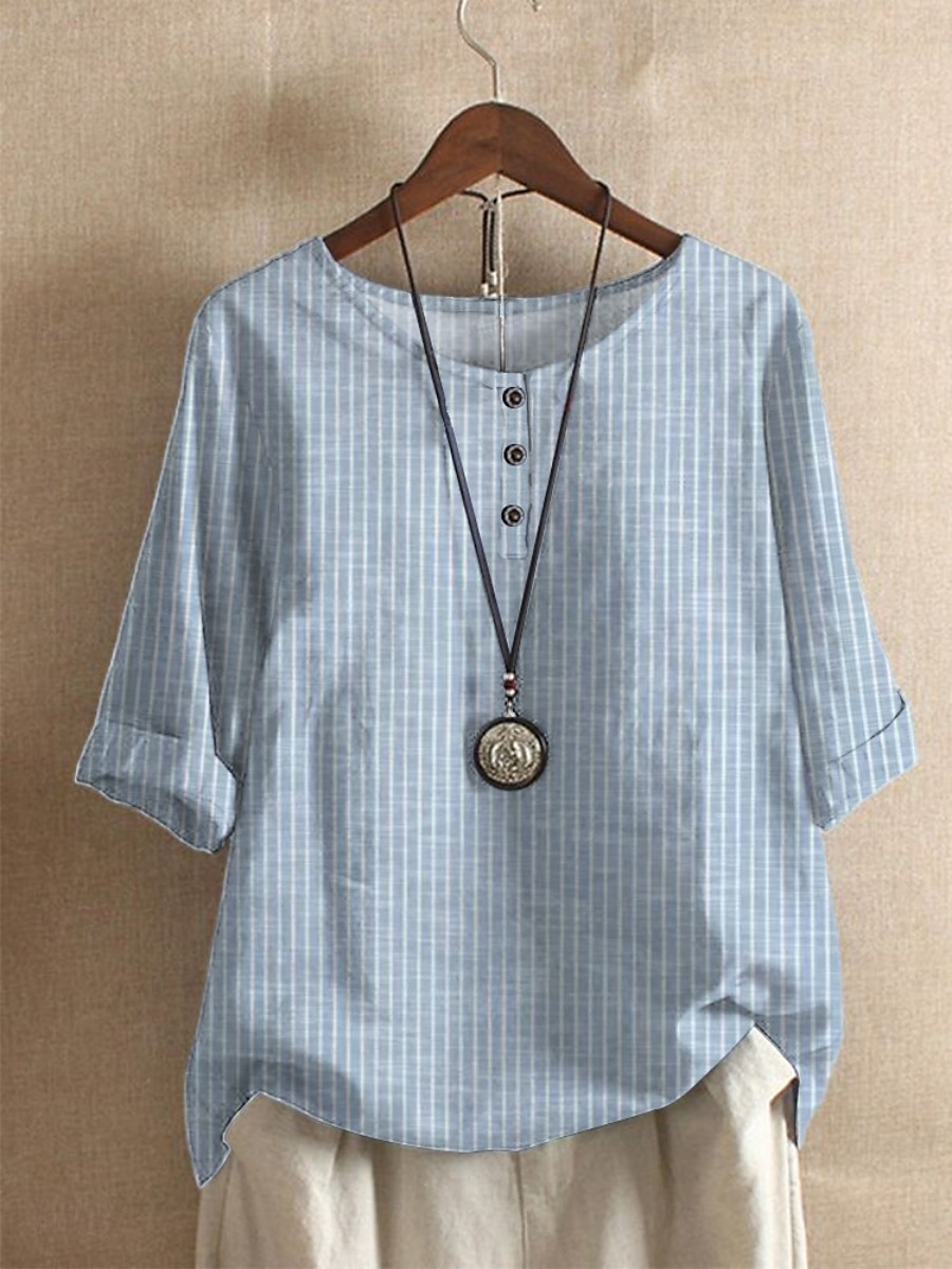 Per donna Camicie di cotone e lino Floreale A righe Essenziale Casual Mezza Manica Girocollo Top Regolari Quotidiano Stampato Nero Bianco Blu Azzurro cielo Verde Estate del 2025 a $17.99 –P6