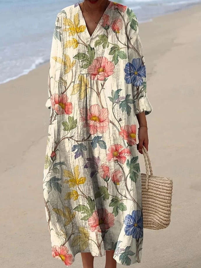 Damen Maxikleid Sommerkleid A Linie Kleid Urlaub Lässig Boho Party Ausgehen Strand Blumen Grafik Langarm V Ausschnitt Schwarz Rosa Rote Grün Sommer Frühling 2025 - $35.99 –P4