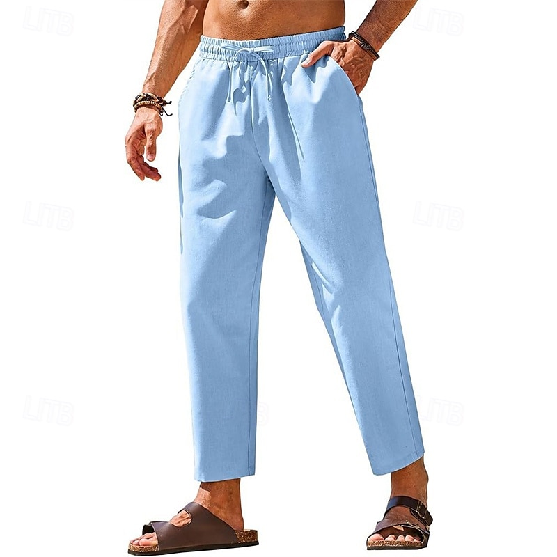 Herr Linne Byxor Långbyxor Sommarbyxor Strandbyxor Ficka Elastisk midja Snörning Slät Komfort Andningsfunktion Semester Dagligen Helgdag Hawaiisk Boho Mörkbrun Svart 2025 - $18.99 –P1