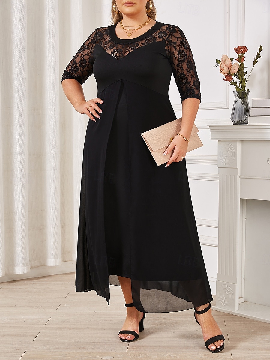Damen Übergröße schwarzes kleid Einfarbig Rundhalsausschnitt Halbarm Sommer Frühling Elegant Midikleid Party Kleid 2025 - $44.99 –P2