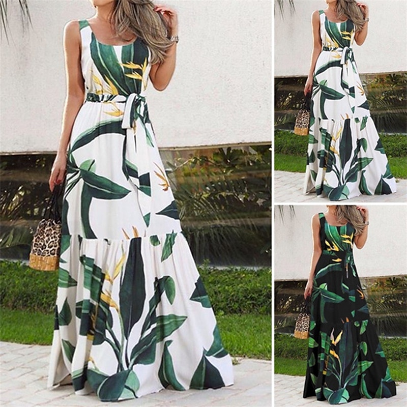 Damen Langes Kleid Maxikleid Freizeitkleid Schwingkleid Sommerkleid Unterkleid Elegant Mode Modern Täglich Strand Wochenende Normale Passform Blume Ärmellos Rundhalsausschnitt Schwarz und Wei 2025 - $20.99 –P1