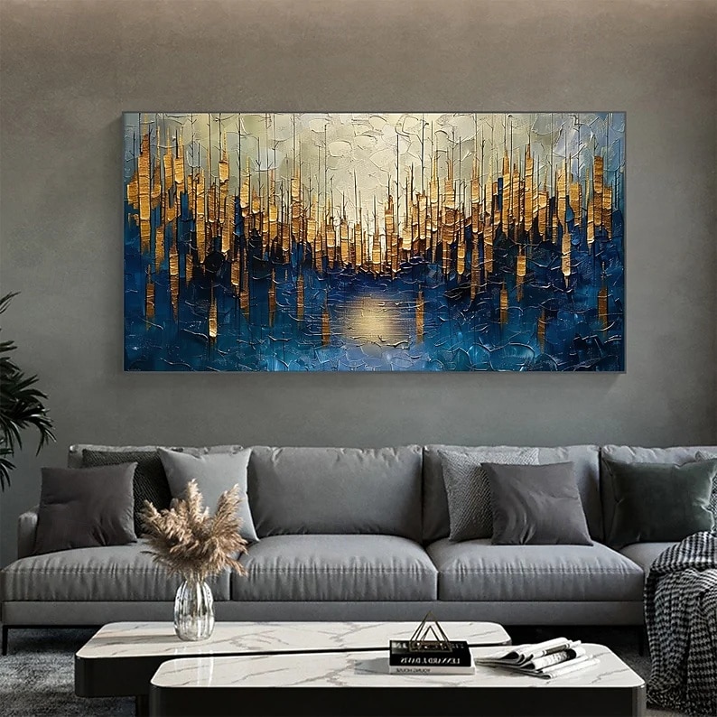 Gran pintura al óleo original dorada sobre lienzo, arte de pared abstracto minimalista con textura azul, pintura personalizada, decoración de pared bohemia, decoración de pared de sala de estar 2025 - $58.99 –P5