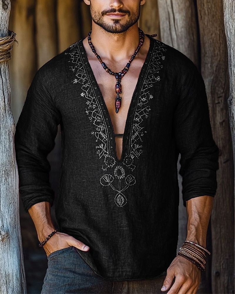 Herren Hemd Sommerhemd Freizeithemd Strandhemd Schwarz Rote Langarm Einfach Wikinger Tiefer V-Ausschnitt Urlaub Hawaiianisch Druck Bekleidung Mode Lässig Bequem 2025 - $32.99 –P2