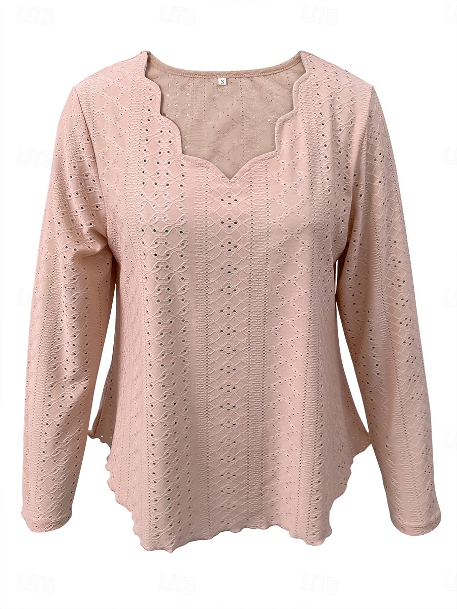 Women's Blouse Solid Color Basic Casual Long Sleeve V Neck Regular Tops Daily Eyelet Black White Pink Khaki Summer 2025 - $17.99 –P10