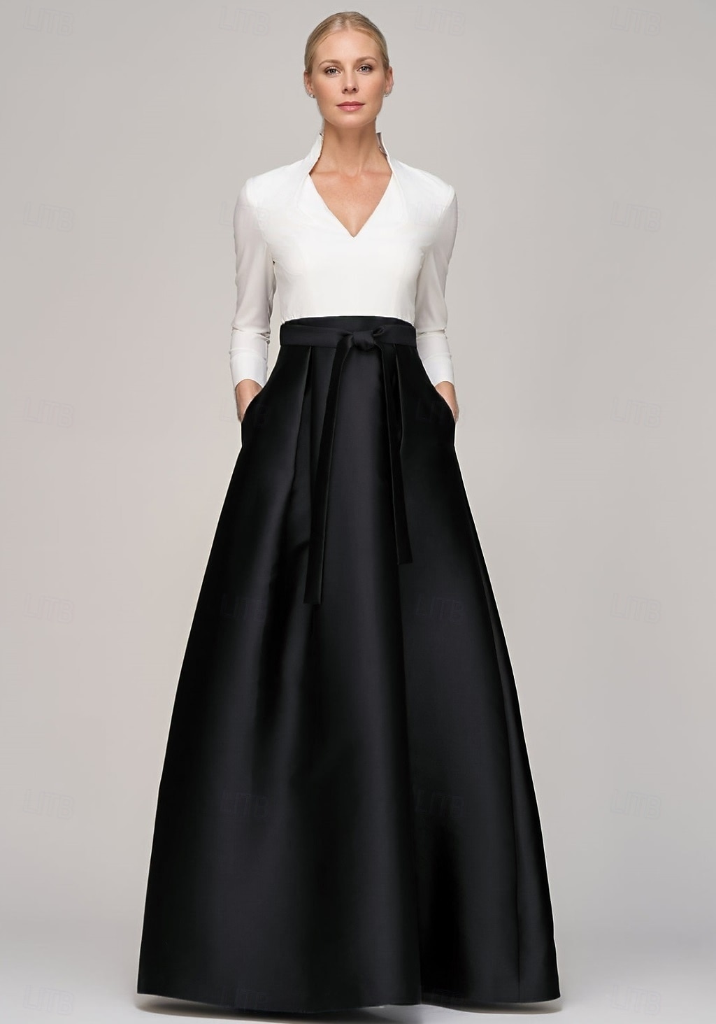 Robe de soirée en A noir et blanc élégante robe formelle invitée de mariage longueur de sol manches longues décolleté en V satin avec poches et nœud(x) de 2025 ? $137.99 –P7