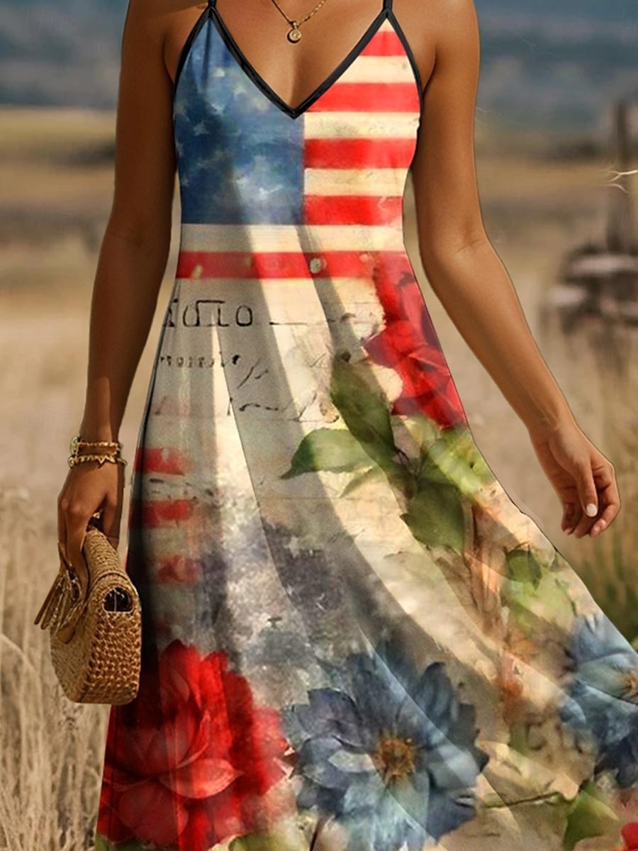 Rochie maxi patriotică pentru femei rochie în linie A rochie tip slip pentru vacanță casual grafic cu steagul american fără mâneci cu decolteu în V bretele spaghetti galben deschis roșu bleumarin 2025 - $27.99 –P3