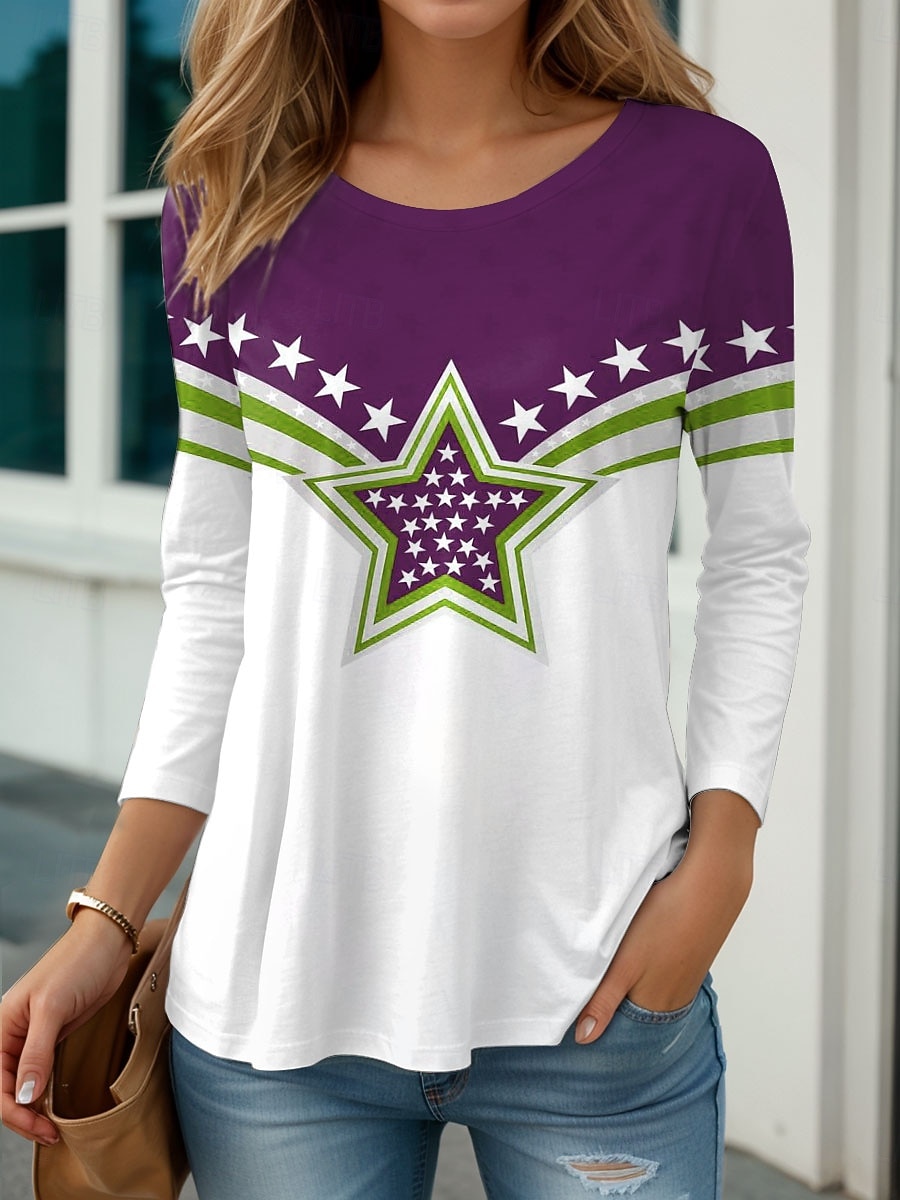T-shirt patriotique pour la Journée de l'Indépendance pour femmes graphique du drapeau vintage élégant classique encolure ronde tops réguliers quotidiens impression bleu violet vert automne de 2026 ? $24.99 –P3