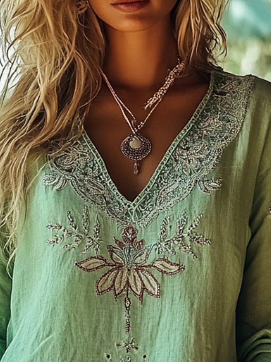 camicetta da donna in stile western, stile boho, con fiori, moderna, casual, a maniche lunghe, scollo a V, normale, per tutti i giorni, per le vacanze, per uscire, stampa verde, estate, autunno. del 2025 a $21.99 –P2