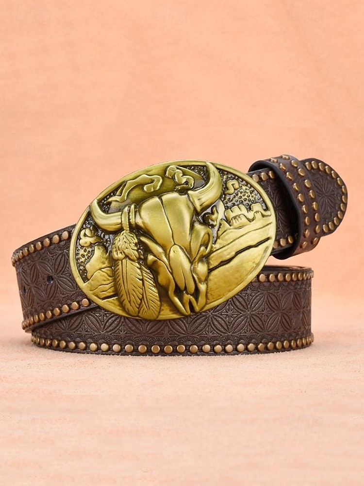 męski pasek ze sztucznej skóry w stylu western z brązową klamrą w kształcie czaszki byka, idealny do codziennych i kowbojskich strojów 2026 - $19.99 –P5