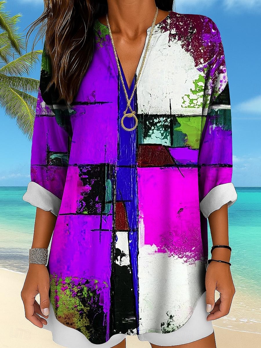 Femmes Chemisier Graphique Géométrique Abstrait ancien Tropical Hawaïen manche longue Col en V Hauts Réguliers Quotidien Fête Tenue de plage Imprimé Jaune Rouge Bleu Violet Vert Été Printemps de 2025 ? $19.99 –P5