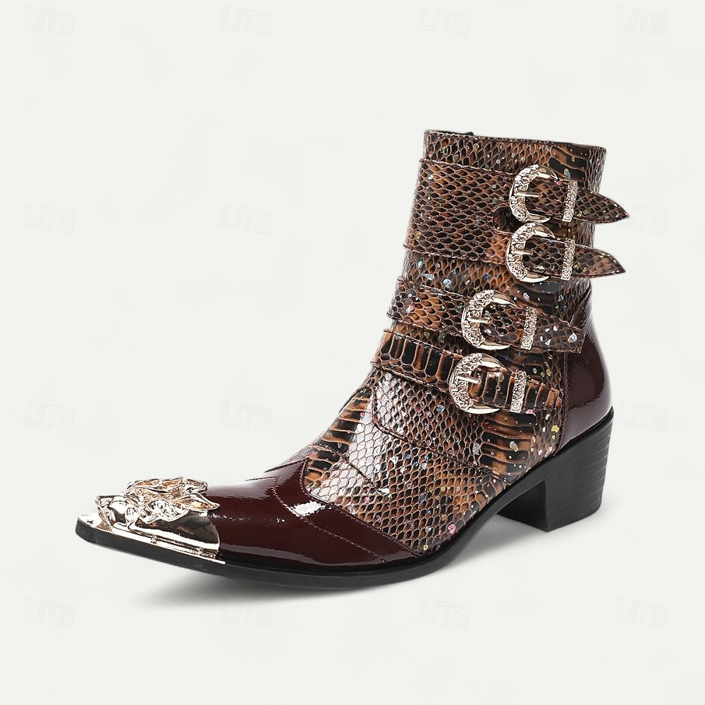Botas de tobillo de cuero con patrón de cocodrilo marrón para hombres con hebillas de punta dorada calzado de inspiración occidental de moda para uso casual y al aire libre 2025 - $139.99 –P2