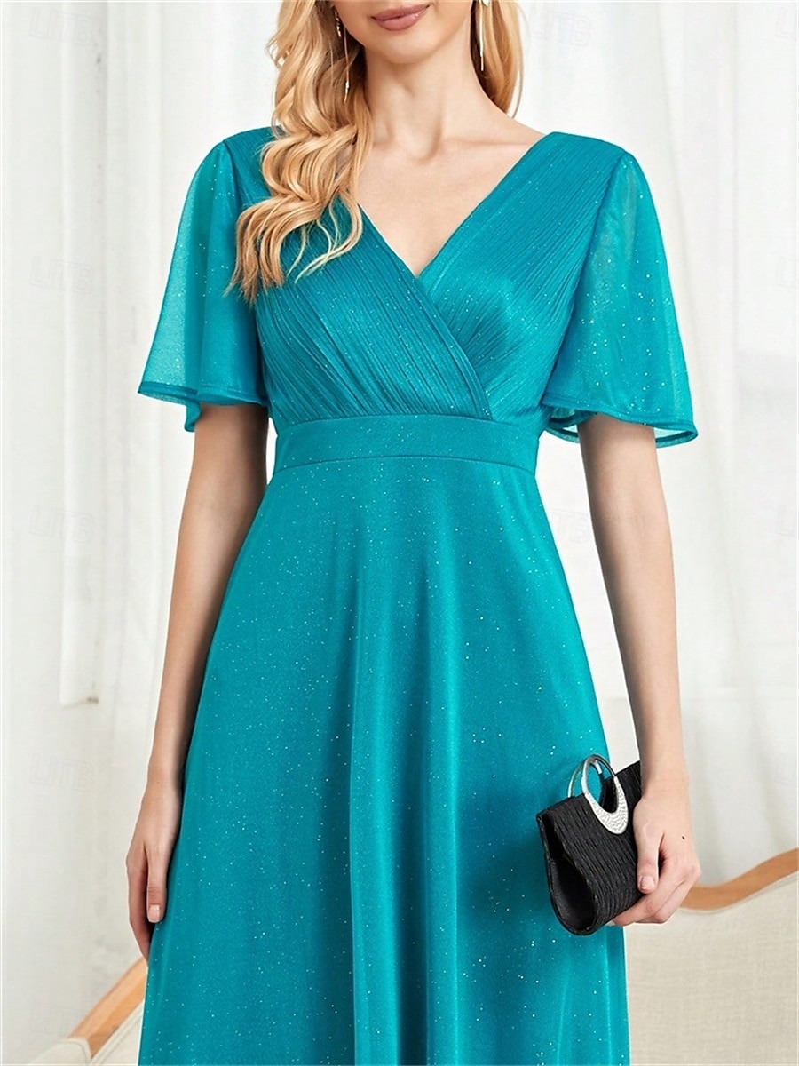 A-Linjainen Quinceanera-mekko Elegantti Mekko Viralliset Häät Lattiapituus Lyhythihainen V-aukko Šifoni Pleidillä 2025 - $89.99 –P2