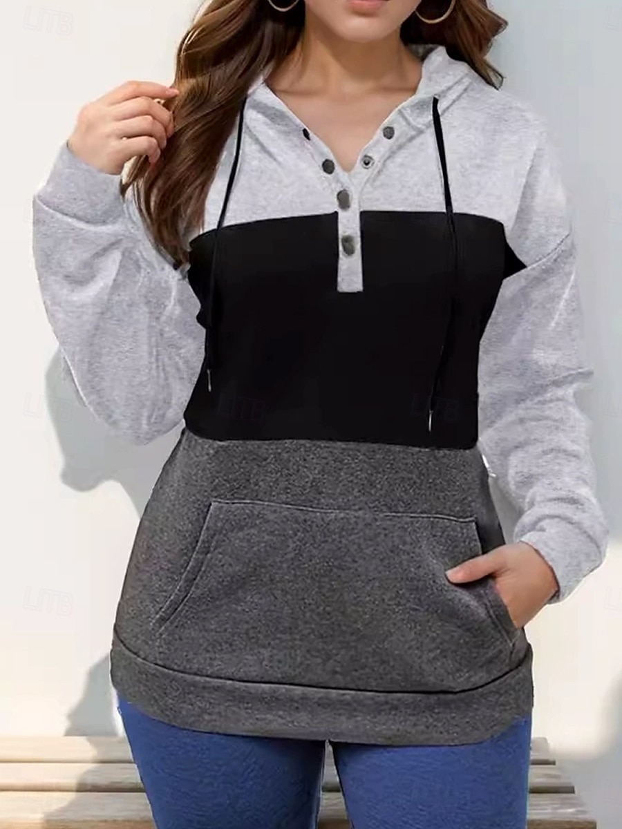 Dam Pullover Hoodie Sweatshirt Färgblock Ledigt Långärmad V-hals Vanliga toppar Ledigt Lappverk Ficka Knappar Vin Grå Vår Höst Vinter 2025 - $31.99 –P4