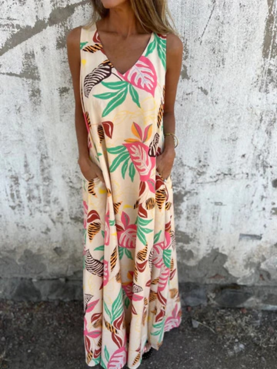 Femmes Robe maxi Robe trapèze Robe Nuisette Vacances Occasionnel Boho Extérieur Sortir Coupe régulière Fleuri Sans manches Col en V Bleu Abricot Beige Été de 2025 ? $23.99 –P10