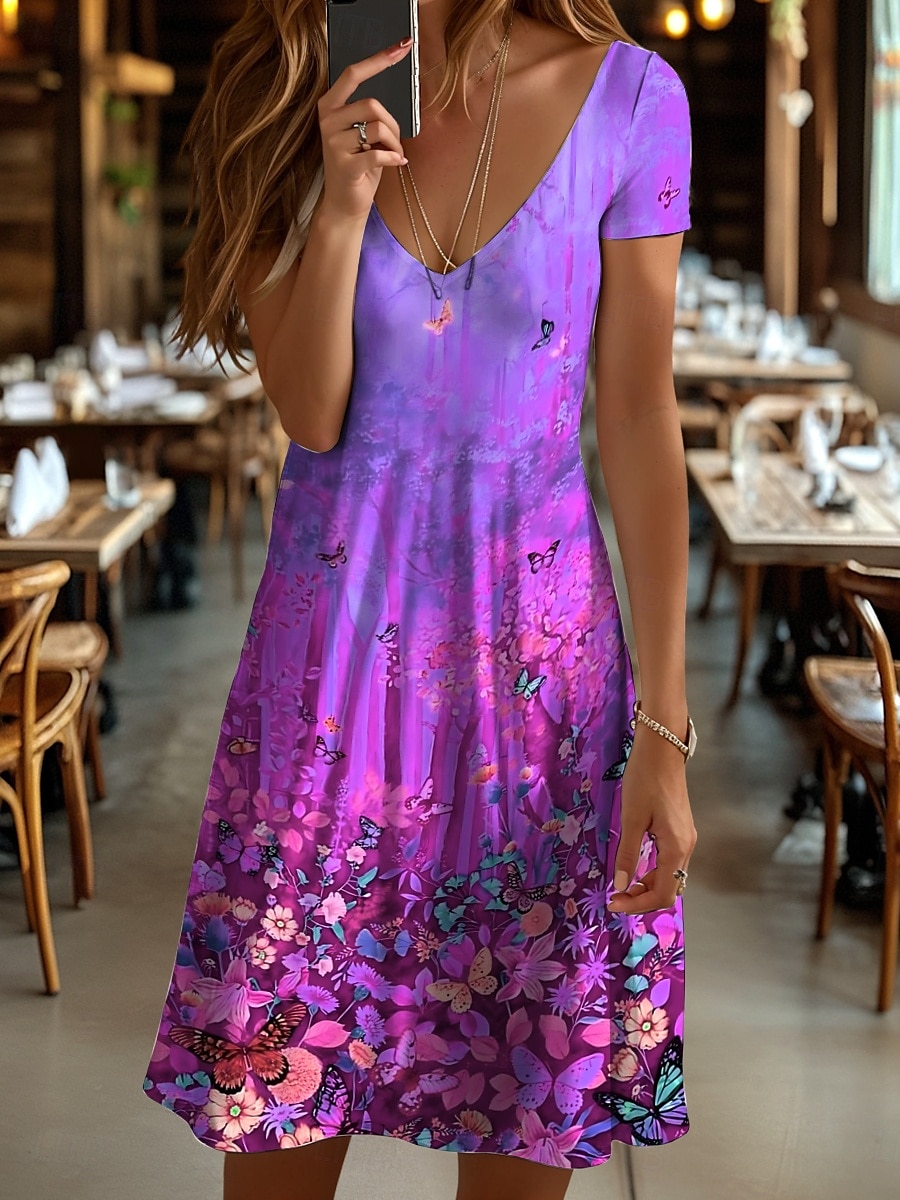 Women's Mini Dress T Shirt Dress Tee Dress Sundress A Line Dress Vacation Casual Beach Beach Regular Fit Ombre Floral Graphic Short Sleeve V Neck Yellow Red Blue Purple Summer 2025 - $23.99 –P4
