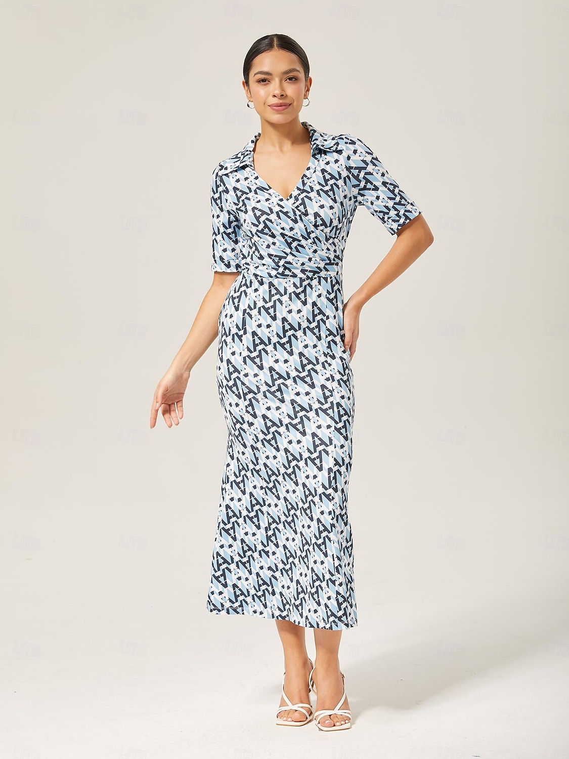 Per donna Femminile Vestito Casual Abito Midi Eco Green sabbia calda Blu Manica Corta Geometrico Estate Scollo a V Stampa XS S M del 2025 a $64.99 –P3
