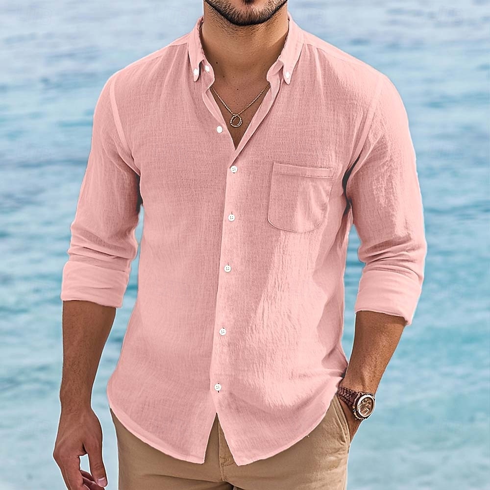 Hombre Camisa Camisa de lino Camisa de verano Camisa con botones Camisa de playa Color sólido Vacaciones Festivos Blanco Rosa Verde Trébol Azul claro Manga Larga Diseño Ropa Botones 2026 - $24.99 –P6