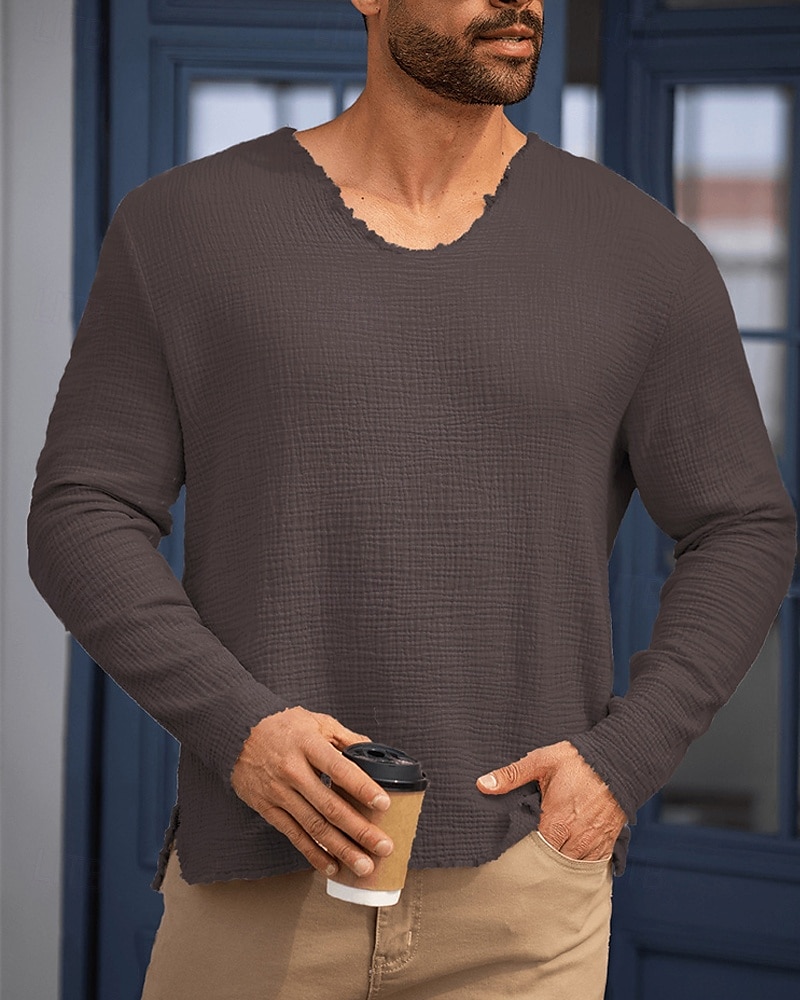 Herren T Shirt T-Shirt Langarmshirt Langarm V Ausschnitt Sommer Frühling Einfach Mode Designer Basic Klassisch Urlaub Straße Ausgehen Dunkel Braun Schwarz Weiß Top T-Shirt für Herren 2025 - $22.99 –P2