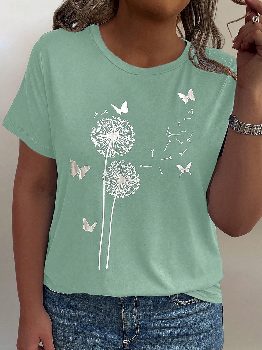 Women's Plus Size Tops T Shirt Floral Striped Print Short Sleeve Crew Neck Casual Daily Polyester Summer White Light Green 2025 - $19.99 –P9