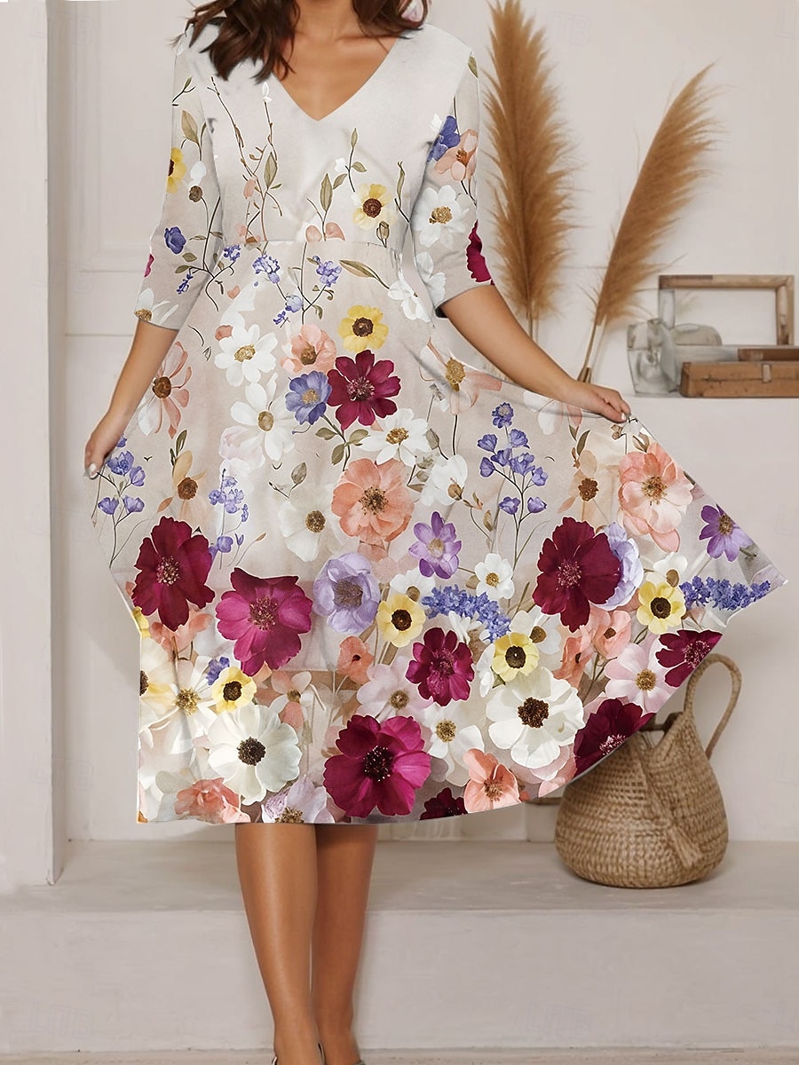 Femmes Robe Midi Robe trapèze Vacances Occasionnel Sortir Coupe régulière Fleuri Graphique manche longue Col en V Jaune Rouge Vert Beige Été de 2025 ? $36.99 –P3