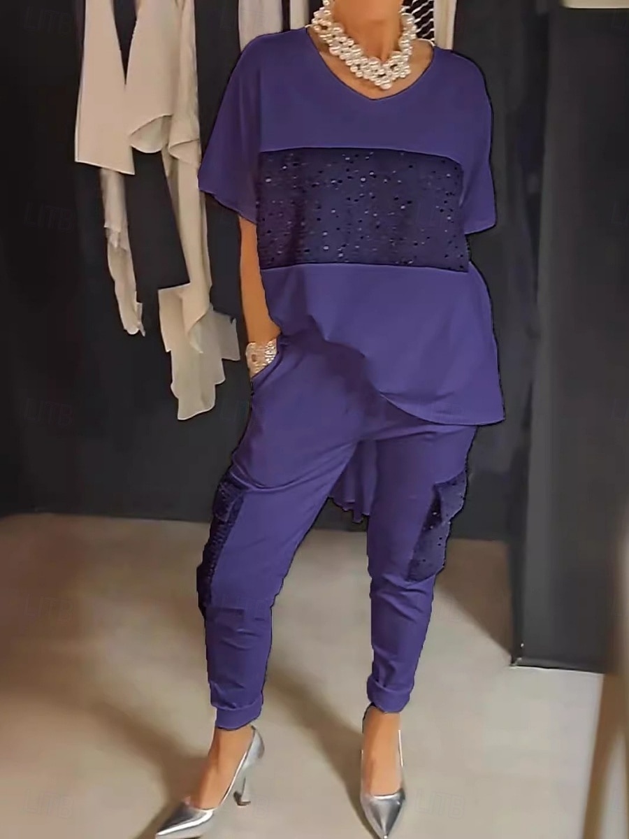 Pentru femei Modă Șic Stradă Zilnic Seturi de pantaloni Manșon Jumate Rotund Dungi Imprimeu Casual Zilnic Negru Alb Mov Vară Fit regulat 2025 - $37.99 –P4