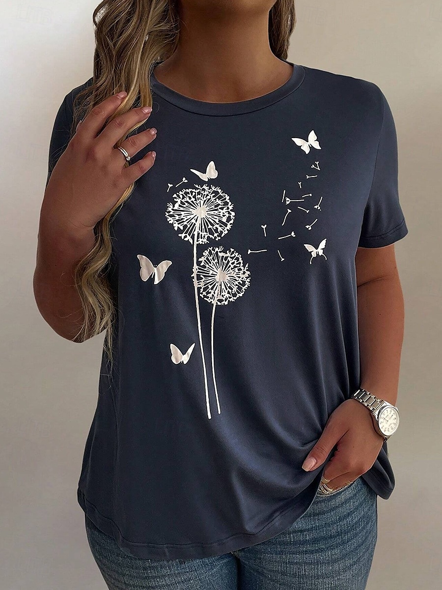 Women's Plus Size Tops T Shirt Floral Striped Print Short Sleeve Crew Neck Casual Daily Polyester Summer White Light Green 2025 - $19.99 –P3