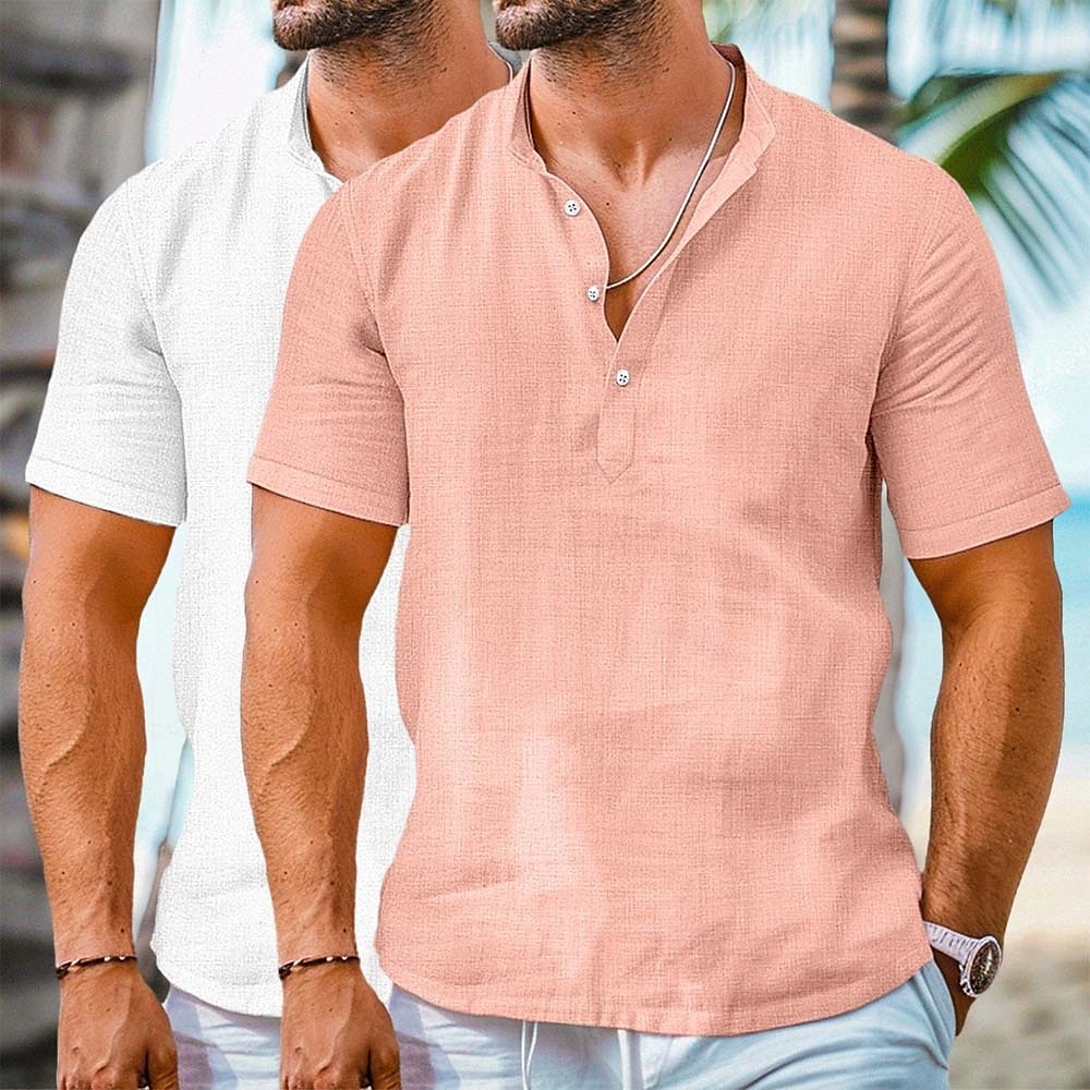 Herren Hemd Leinenhemd Stehkragenhemd Popover-Hemd Sommerhemd Strandbekleidung Einfach Urlaub Kreuzfahrt Grün + grau Weiss + Rosa Schwarz+Marineblau Grau+Khaki Kurzarm Henley Sommer Bekleidung Rein 2025 - $27.99 –P3